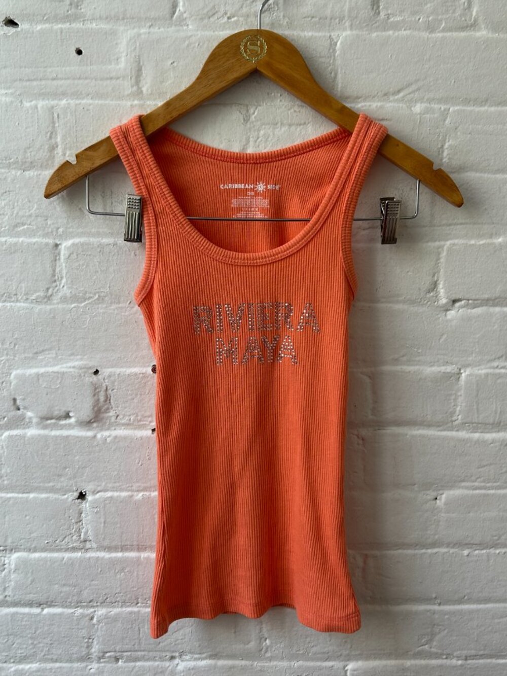 Orange Rhinestone Ribbed Tank XS Y2K Riviera Maya - Picture 6 of 9